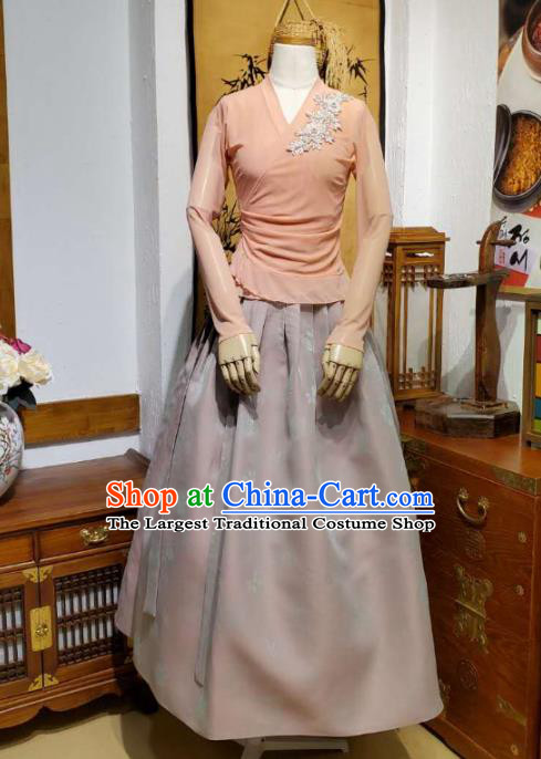 Korean Dance Training Orange Veil Blouse and Grey Satin Skirt Asian Women Hanbok Informal Apparels Korea Fashion Traditional Costumes