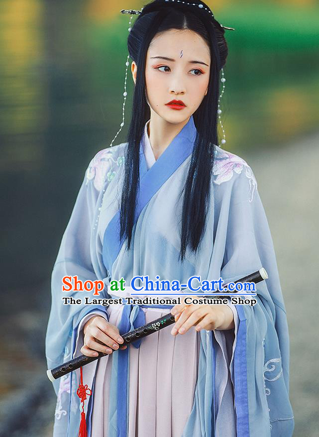 Chinese Ancient Jin Dynasty Female Swordsman Costumes Traditional Hanfu Apparels Wide Sleeve Blouse and Skirt Full Set