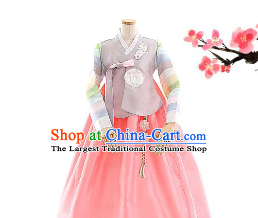 Korean Bride Hanbok Grey Blouse and Pink Dress Korea Fashion Wedding Costumes Traditional Festival Apparels for Women