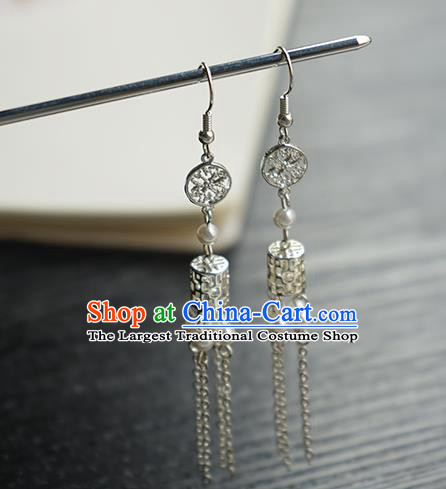 Handmade Chinese Women Argent Tassel Ear Accessories Classical Hanfu White Beads Earrings