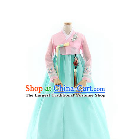 Korean Bride Hanbok Pink Blouse and Blue Dress Korea Fashion Wedding Costumes Traditional Festival Apparels for Women