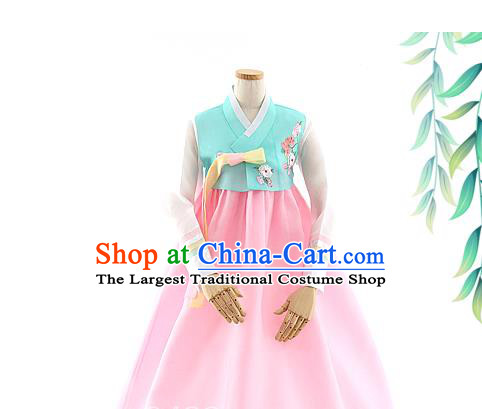 Korean Bride Hanbok Blue Blouse and Pink Dress Korea Fashion Wedding Costumes Traditional Festival Apparels for Women