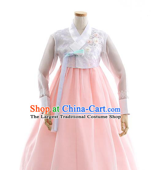 Korean Bride Hanbok Embroidered Lilac Blouse and Pink Dress Korea Fashion Wedding Costumes Traditional Festival Apparels for Women