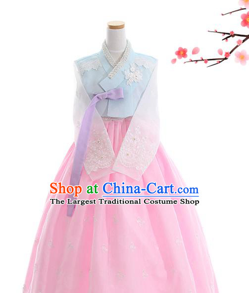 Korean Bride Hanbok Blue Blouse and Pink Dress Korea Fashion Wedding Costumes Traditional Festival Apparels for Women