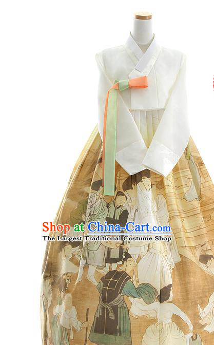 Korean Bride Hanbok White Blouse and Printing Dress Korea Fashion Costumes Traditional Court Festival Apparels for Women