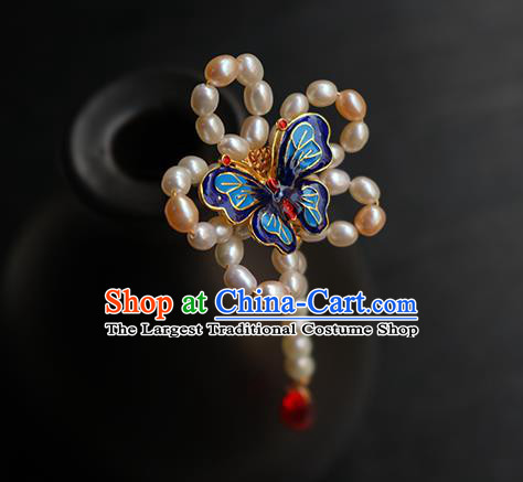 Chinese Classical Hanfu Pearls Hair Accessories Handmade Ancient Princess Blueing Butterfly Hairpin for Women