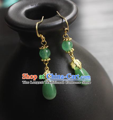 Handmade Chinese Women Green Jade Ear Accessories Classical Hanfu Eardrop Earrings