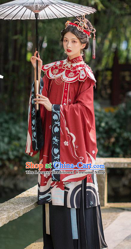 Chinese Ming Dynasty Royal Countess Historical Costumes Traditional Hanfu Apparels Ancient Noble Woman Red Gown and Skirt Full Set