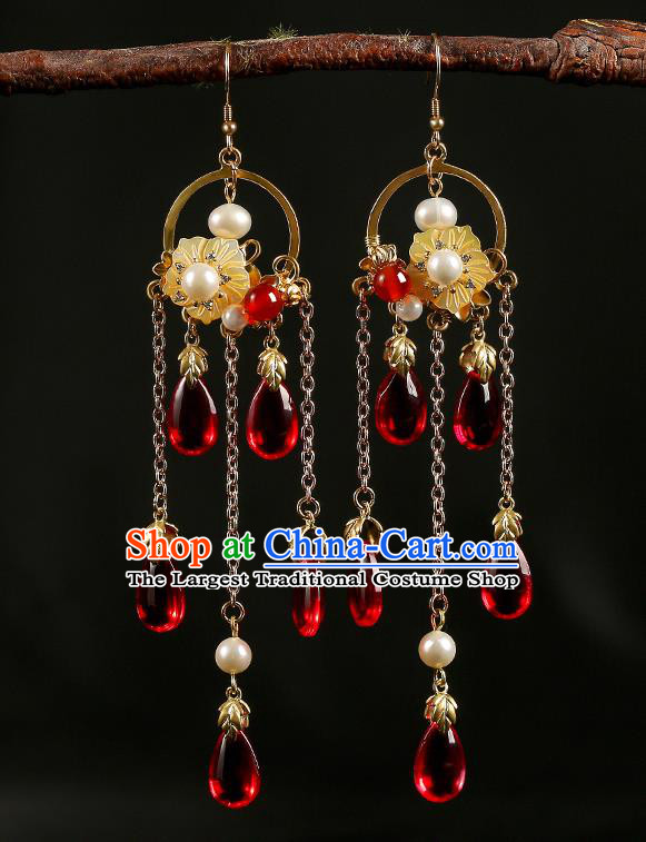 Handmade Chinese Court Women Red Beads Tassel Ear Accessories Classical Eardrop Hanfu Shell Flower Earrings