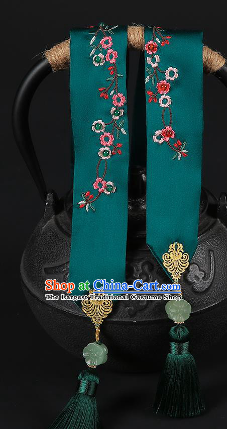 Chinese Classical Embroidered Green Silk Headband Hanfu Hair Accessories Handmade Hairlace for Women