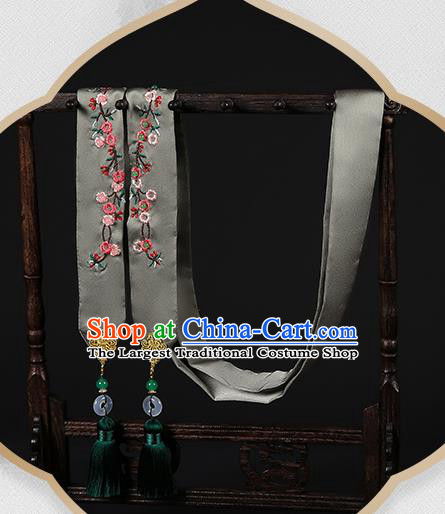 Chinese Classical Embroidered Grey Silk Headband Hanfu Hair Accessories Handmade Tassel Bandeau Hairlace for Women