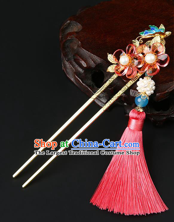 Chinese Classical Song Dynasty Pink Tassel Hair Clip Hanfu Hair Accessories Handmade Ancient Pearls Flower Hairpins for Women