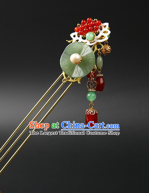 Chinese Classical Jade Lotus Leaf Hair Clip Hanfu Hair Accessories Handmade Ancient Princess Red Beads Tassel Hairpins for Women