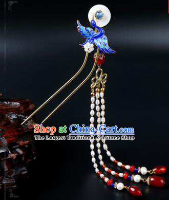 Chinese Classical Qing Dynasty Blueing Crane Hair Clip Hanfu Hair Accessories Handmade Ancient Princess Pearls Tassel Hairpins for Women