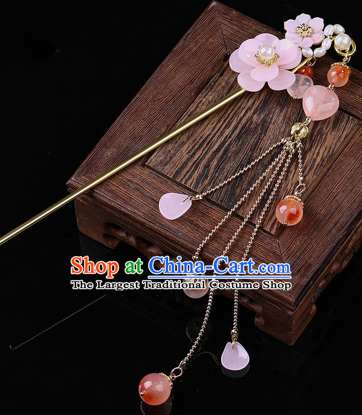 Chinese Classical Pink Flower Hair Clip Hanfu Hair Accessories Handmade Ancient Princess Tassel Hairpins for Women