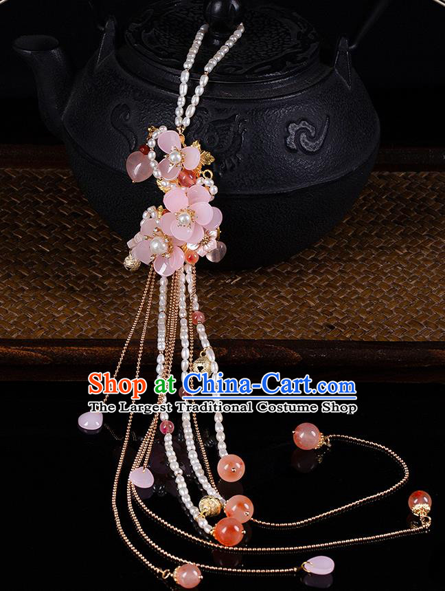 Chinese Classical Hanfu Pearls Tassel Waist Accessories Ancient Princess Pink Flowers Belt Pendant