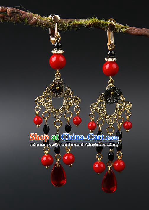 Handmade Chinese Black Flower Ear Accessories Classical Eardrop Ancient Women Hanfu Tassel Earrings