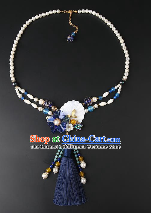 Chinese Handmade Navy Tassel Necklet Classical Jewelry Accessories Ancient Hanfu Pearls Necklace for Women