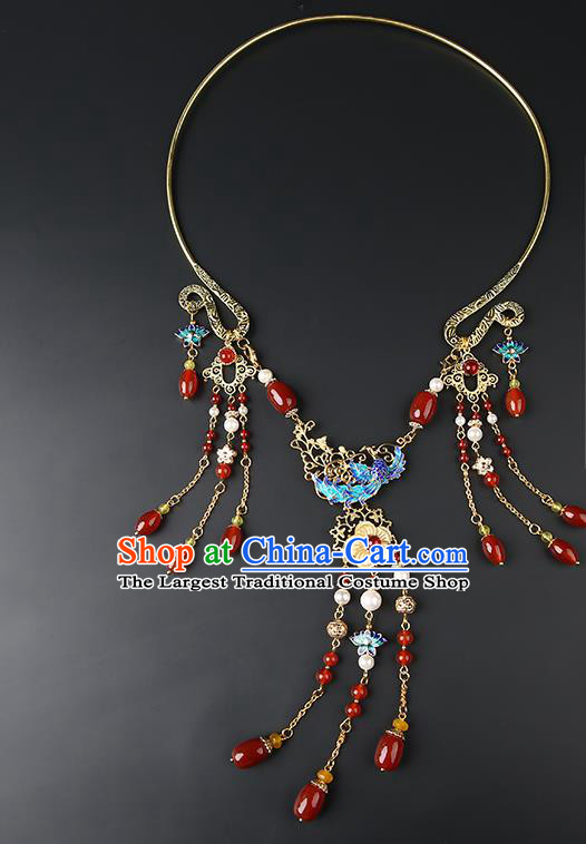 Chinese Handmade Ming Dynasty Necklet Classical Jewelry Accessories Ancient Hanfu Agate Beads Tassel Necklace for Women