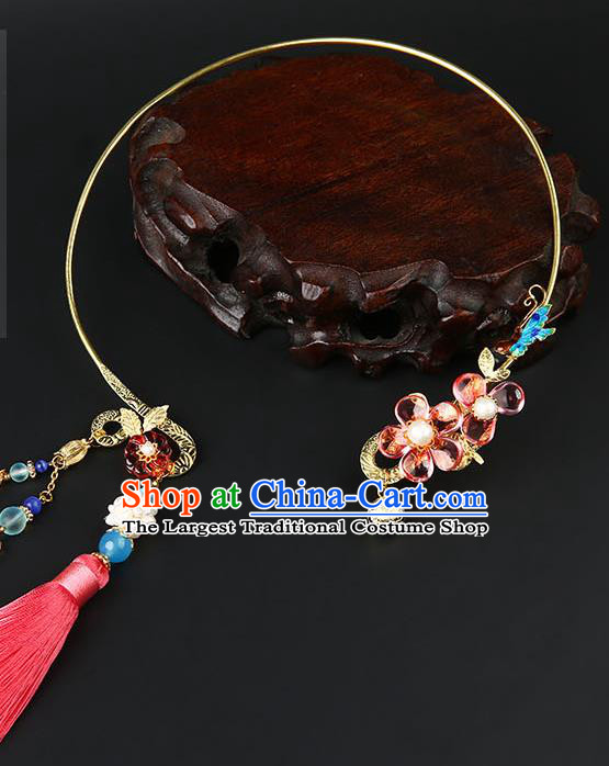 Chinese Handmade Ming Dynasty Golden Necklet Classical Jewelry Accessories Ancient Hanfu Pink Tassel Necklace for Women