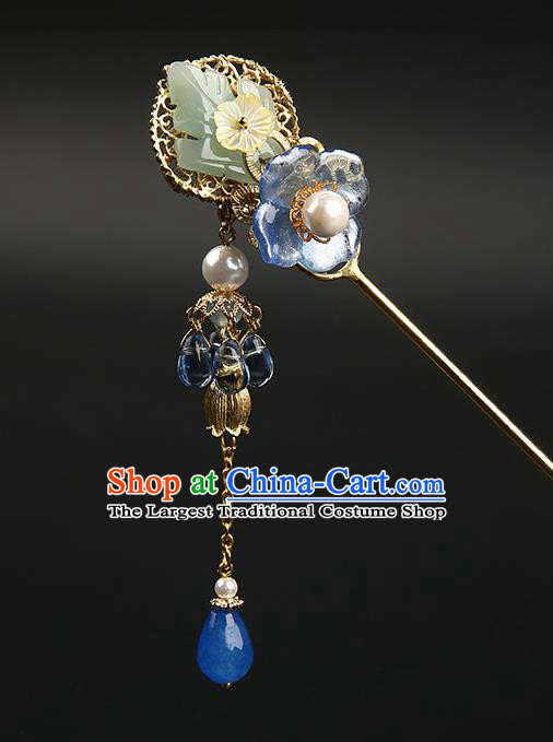 Chinese Classical Blue Stone Tassel Hair Clip Hanfu Hair Accessories Handmade Ancient Princess Hairpins for Women