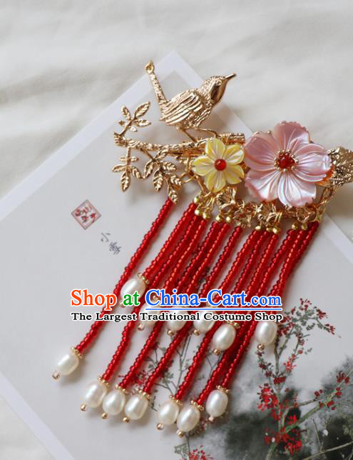 Chinese Classical Golden Bird Hair Claw Hanfu Hair Accessories Handmade Ancient Princess Red Tassel Hairpins for Women