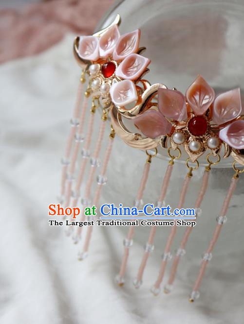 Chinese Classical Pink Shell Lotus Hair Clip Hanfu Hair Accessories Handmade Ancient Princess Tassel Hairpins for Women