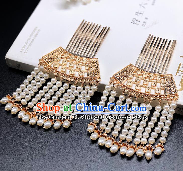 Chinese Classical Golden Hair Comb Women Hanfu Hair Accessories Handmade Ancient Tang Dynasty Tassel Hairpins