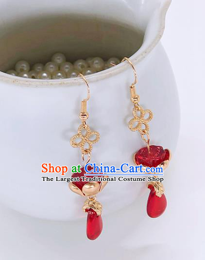 Handmade Chinese Ming Dynasty Red Lotus Seedpod Ear Accessories Classical Eardrop Ancient Court Women Hanfu Earrings