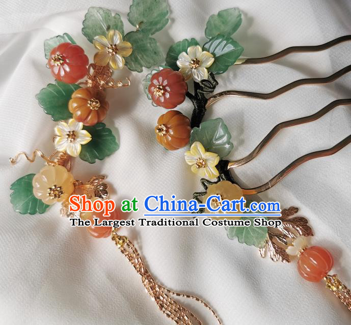 Chinese Classical Pumpkin Tassel Hair Comb Hanfu Hair Accessories Handmade Ancient Song Dynasty Princess Jade Hairpins for Women