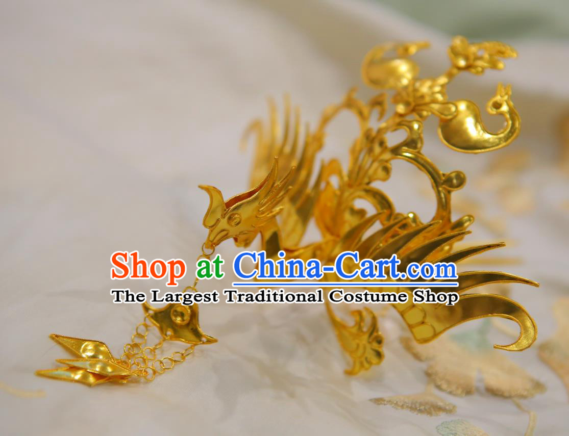 Chinese Classical Court Phoenix Hair Crown Women Hanfu Hair Accessories Handmade Ancient Tang Dynasty Empress Golden Tassel Hairpins Phoenix Coronet