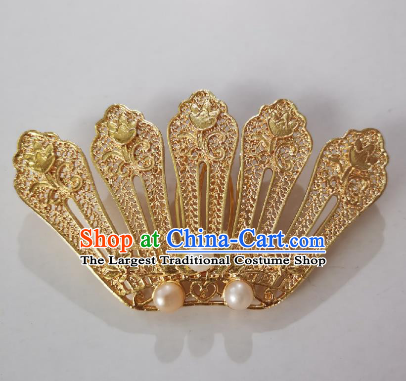 Chinese Classical Court Queen Golden Hair Comb Women Hanfu Hair Accessories Handmade Ancient Tang Dynasty Imperial Concubine Pearls Hairpins