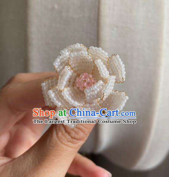 Chinese Classical Court White Beads Camellia Hair Clip Women Hanfu Hair Accessories Handmade Ancient Qing Dynasty Princess Hairpins