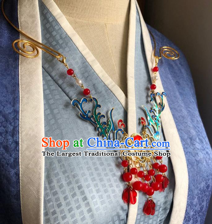 Chinese Handmade Ming Dynasty Cloisonne Phoenix Necklet Classical Jewelry Accessories Ancient Hanfu Red Beads Tassel Necklace for Women