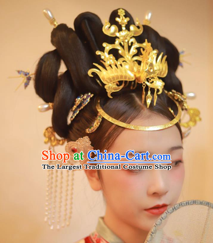 Chinese Classical Ancient Bride Wedding Phoenix Hairpins Women Hanfu Hair Accessories Handmade Tang Dynasty Court Golden Hair Crown Full Set