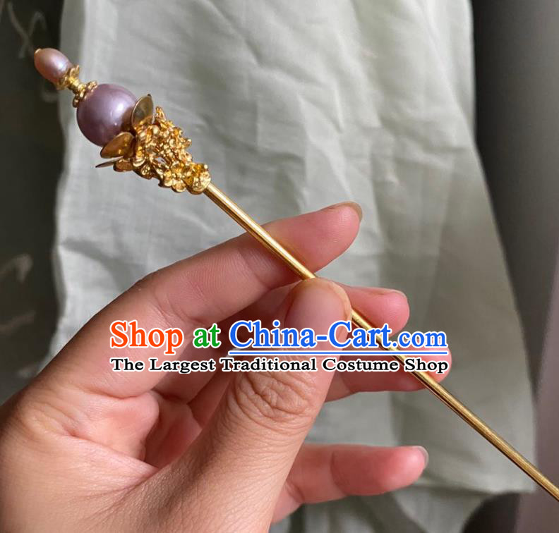 Chinese Ancient Court Golden Hairpin Handmade Hanfu Hair Accessories Qing Dynasty Pink Pearls Hair Clip