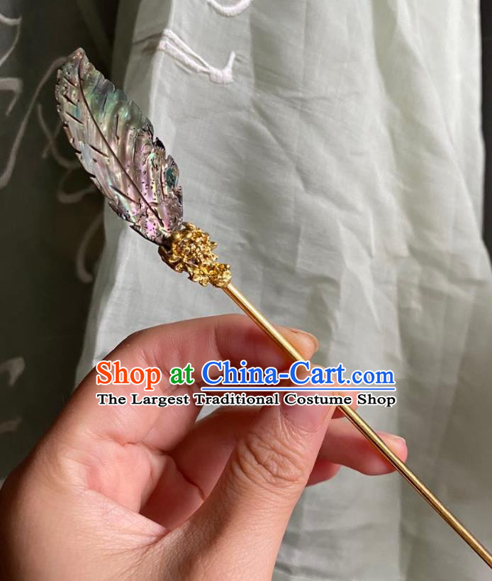 Chinese Ancient Court Golden Hairpin Handmade Hanfu Hair Accessories Qing Dynasty Grey Leaf Hair Clip