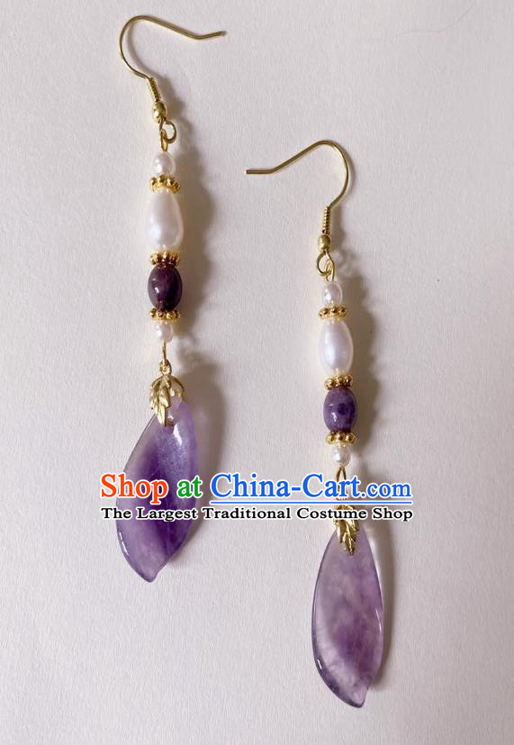 Handmade Chinese Classical Cheongsam Pearls Ear Accessories Eardrop Ancient Hanfu Amethyst Earrings