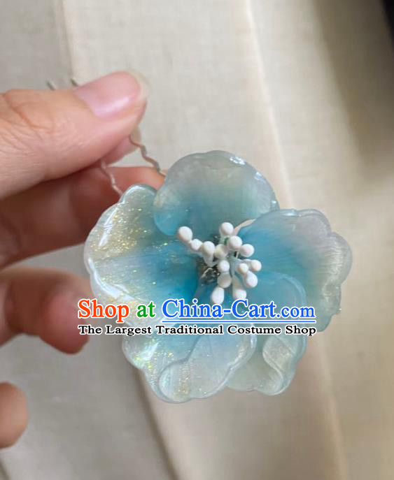 Chinese Ancient Palace Lady Argent Hairpin Hanfu Hair Accessories Handmade Blue Peach Blossom Hair Clip