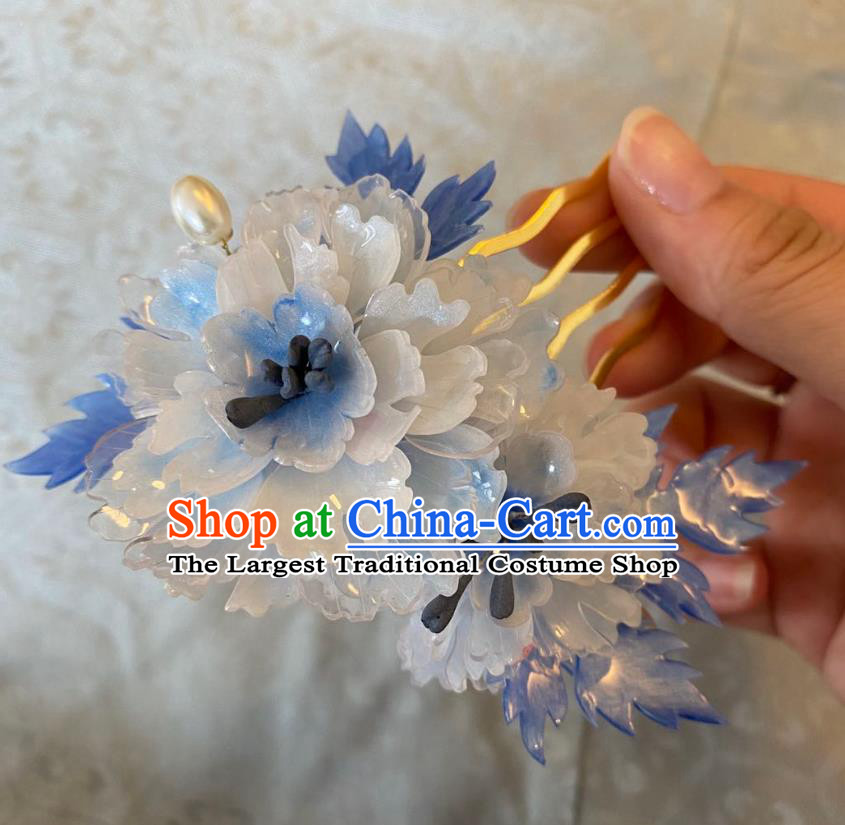 Chinese Women Classical Blue Peony Hair Comb Handmade Ancient Princess Hanfu Hair Accessories Flowers Hairpin