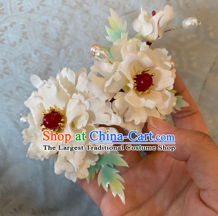 Chinese Women Classical White Peony Hair Comb Handmade Ancient Princess Hanfu Hair Accessories Agate Bead Hairpin