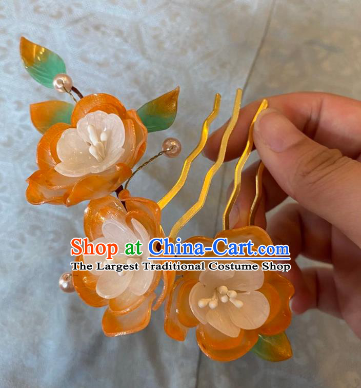 Chinese Women Classical Handmade Ancient Princess Hanfu Hair Accessories Hairpin Orange Flowers Hair Comb