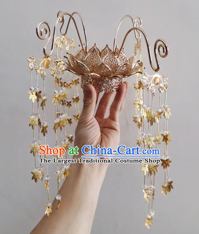 Chinese Tang Dynasty Classical Maple Leaf Tassel Phoenix Coronet Hairpin Handmade Ancient Princess Hanfu Hair Accessories Women Lotus Hair Crown