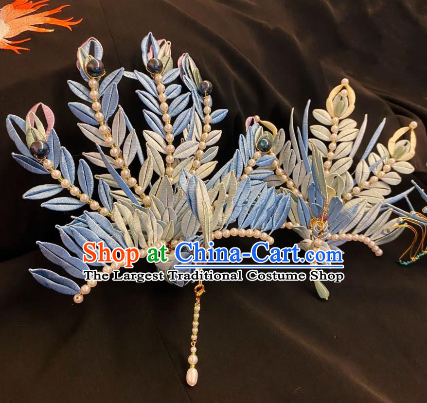 Chinese Ming Dynasty Silk Phoenix Hairpin Handmade Classical Ancient Empress Hanfu Hair Accessories Court Women Pearls Tassel Hair Crown