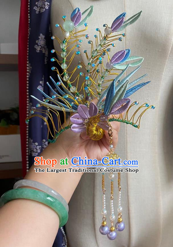 Chinese Ming Dynasty Beads Hairpin Handmade Classical Ancient Empress Hanfu Hair Accessories Court Women Silk Phoenix Hair Crown