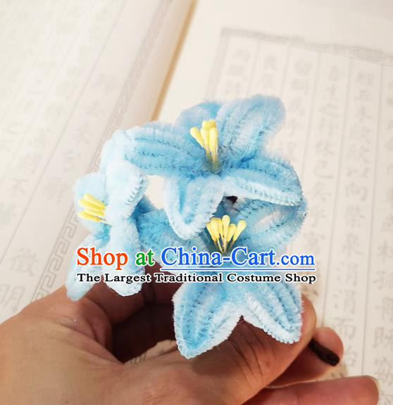 Chinese Ancient Princess Blue Velvet Hairpins Hair Accessories Handmade Qing Dynasty Palace Lady Lily Flowers Hair Stick