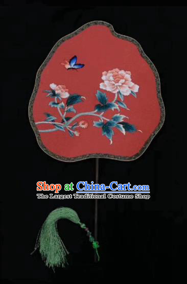 Chinese Classical Ancient Hanfu Red Peach Shape Silk Fan Ming Dynasty Princess Embroidered Peony Butterfly Palace Fans