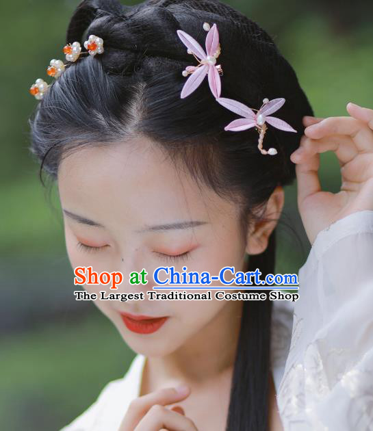 Chinese Ancient Princess Pearls Hairpins Hair Accessories Handmade Song Dynasty Pink Silk Dragonfly Hair Sticks