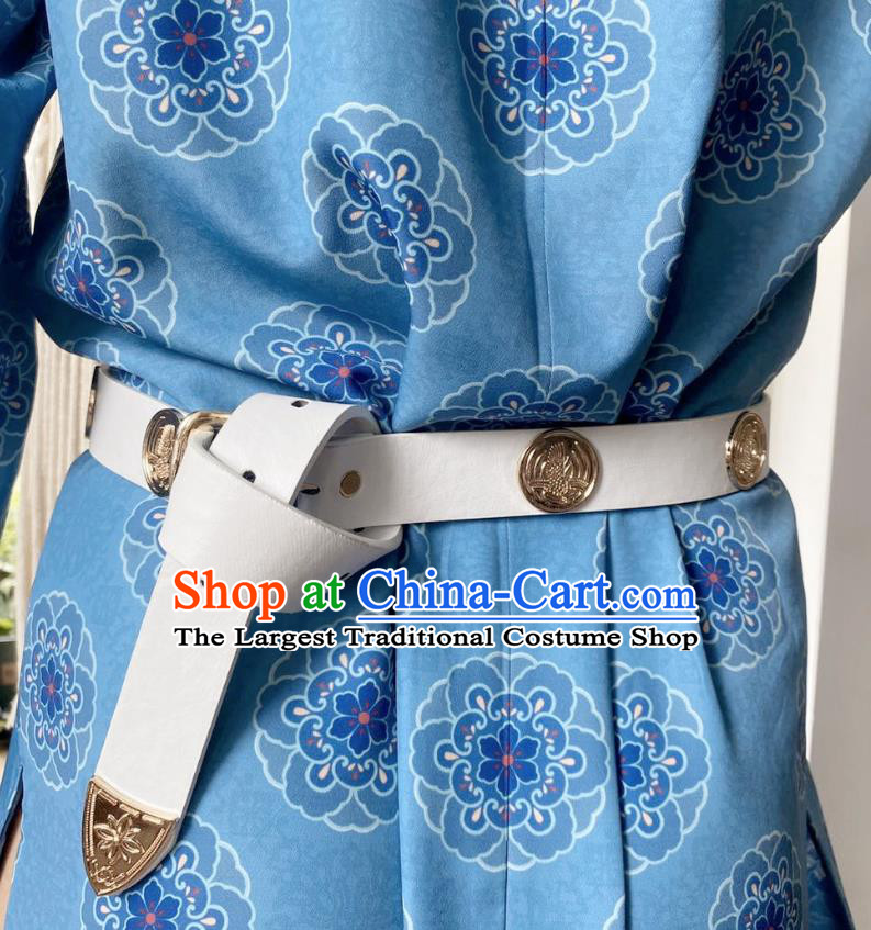 Chinese Classical Ancient Hanfu White Leather Belt Tang Dynasty Swordsman Waistband Accessories