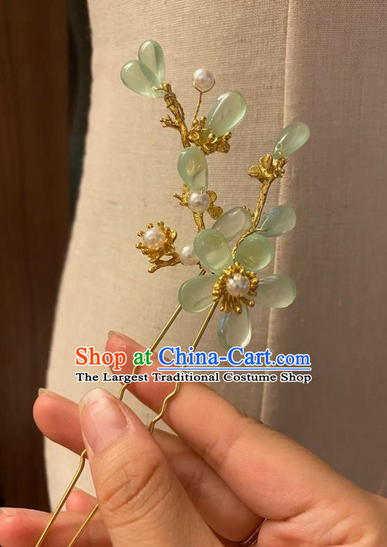 Chinese Ancient Princess Golden Hairpin Hanfu Hair Accessories Women Handmade Green Plum Flowers Hair Comb